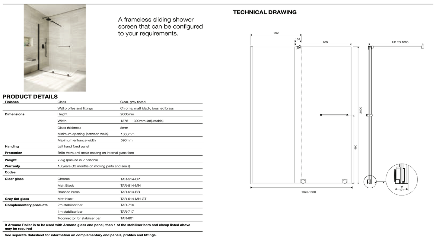 Armano Roller Clear Glass with Profile and Stabilising Bar - Left Hand