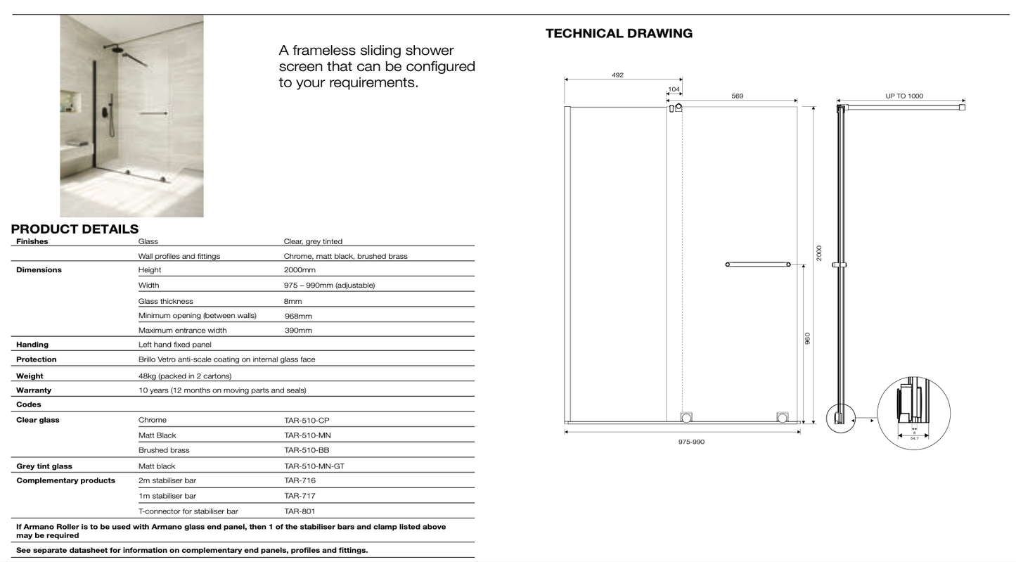 Armano Roller Clear Glass with Profile and Stabilising Bar - Left Hand