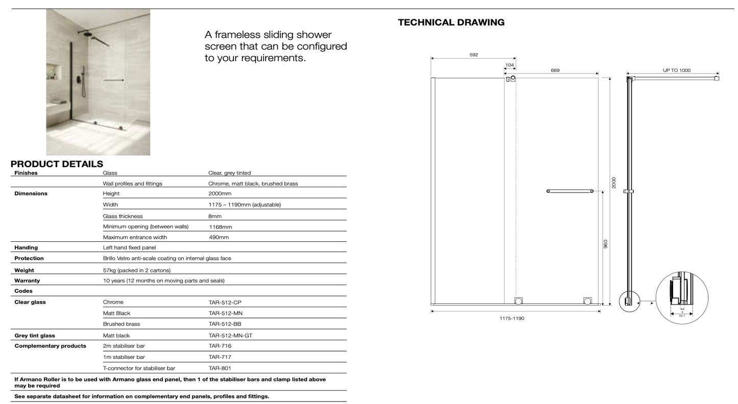 Armano Roller Clear Glass with Profile and Stabilising Bar - Left Hand