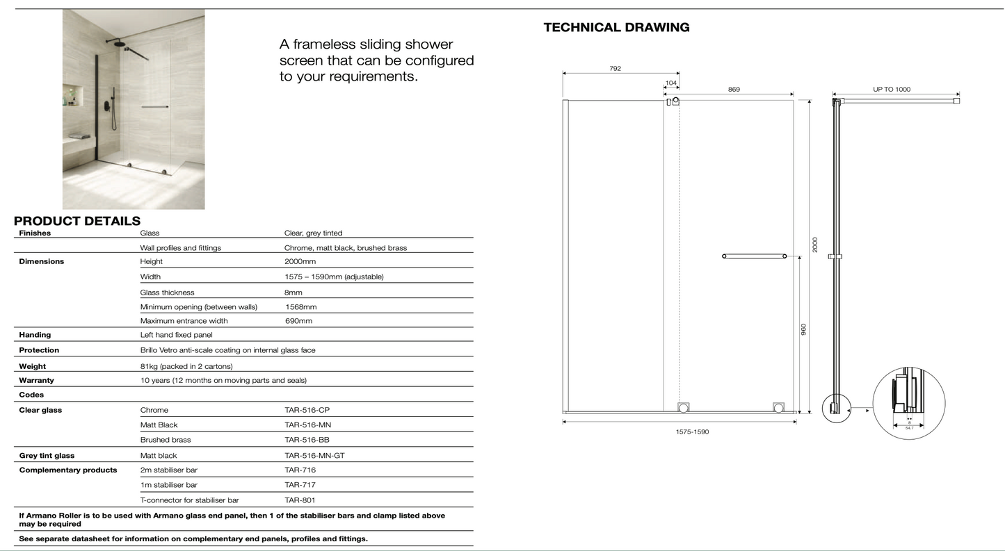 Armano Roller Clear Glass with Profile and Stabilising Bar - Left Hand