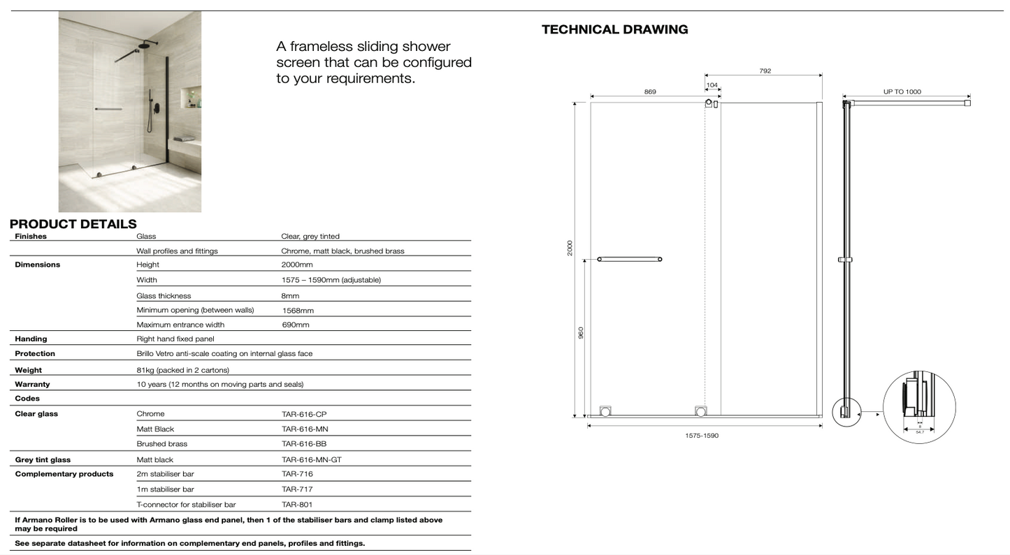 Armano Roller Clear Glass with Profile and Stabilising Bar - Right Hand