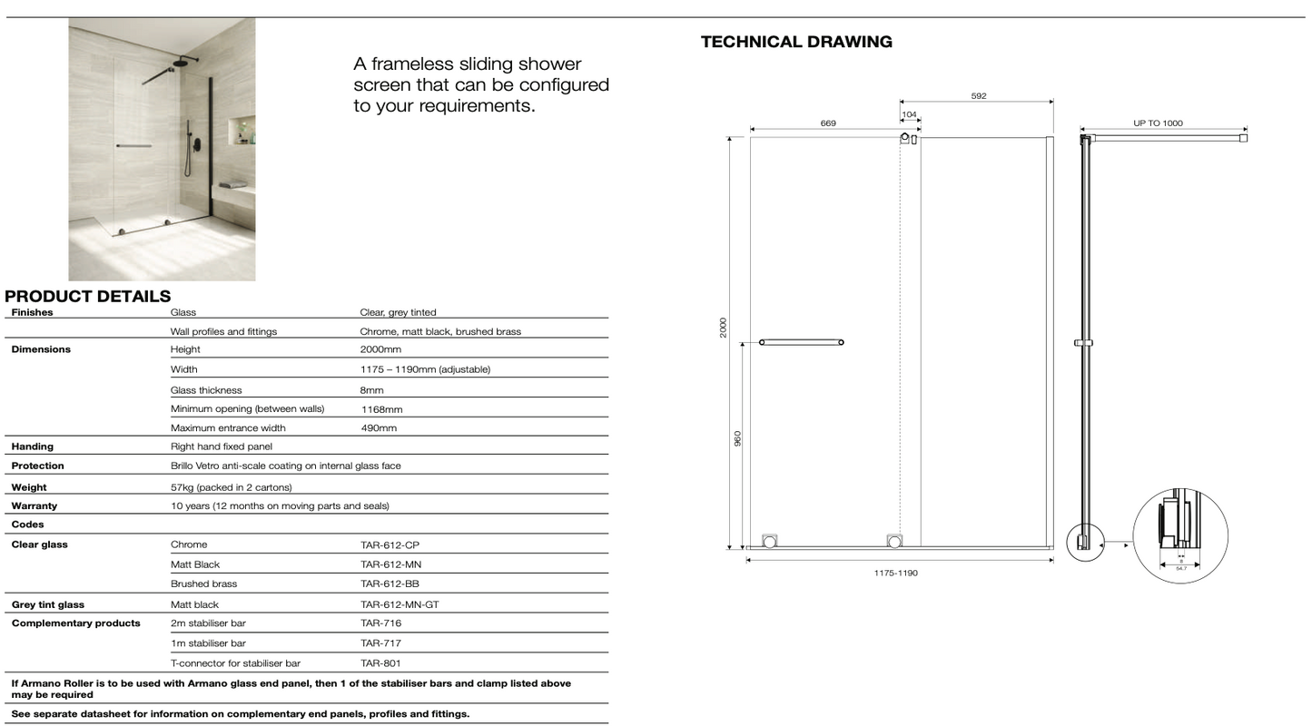 Armano Roller Clear Glass with Profile and Stabilising Bar - Right Hand