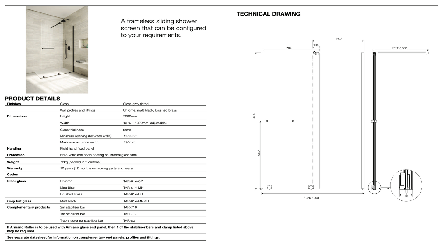 Armano Roller Clear Glass with Profile and Stabilising Bar - Right Hand