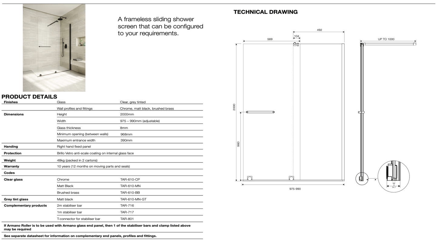 Armano Roller Clear Glass with Profile and Stabilising Bar - Right Hand