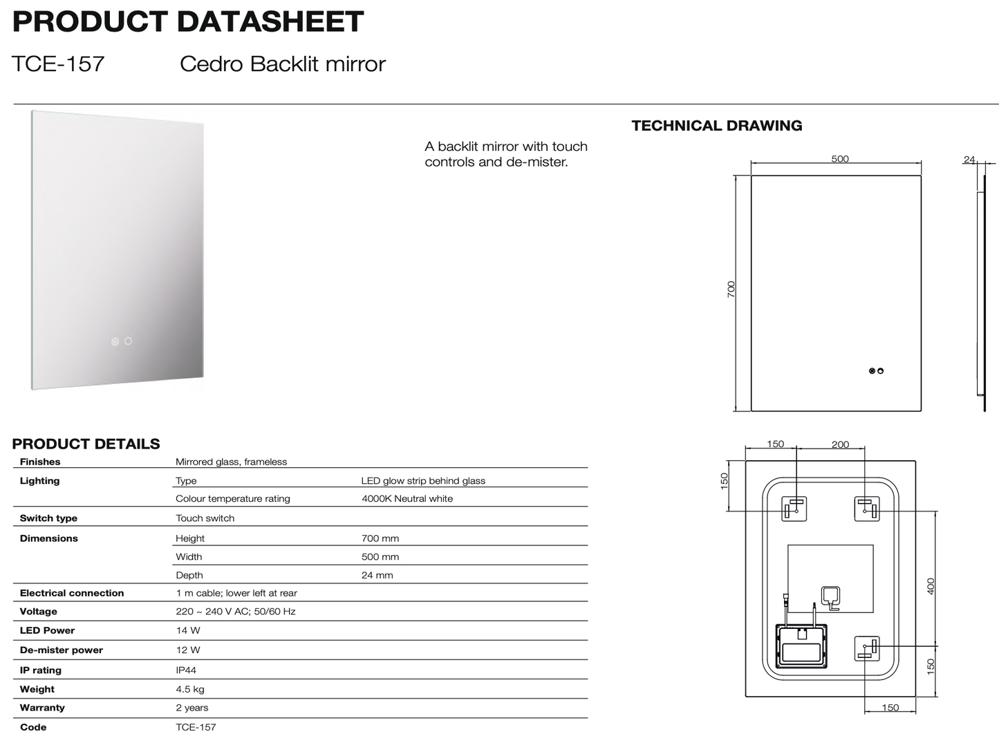 Cedro Backlit Mirror with De-mister Rectangular