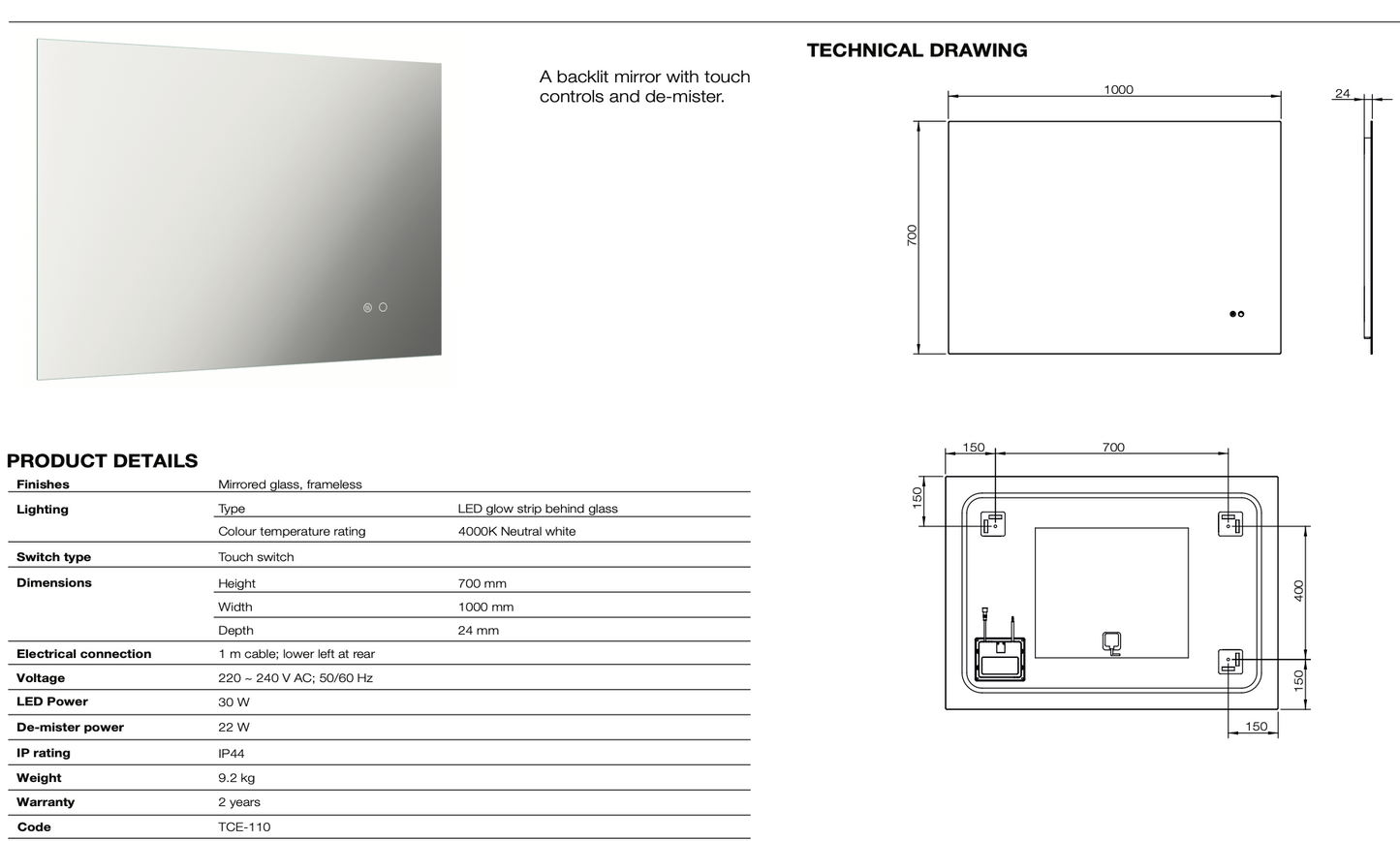 Cedro Backlit Mirror with De-mister Rectangular