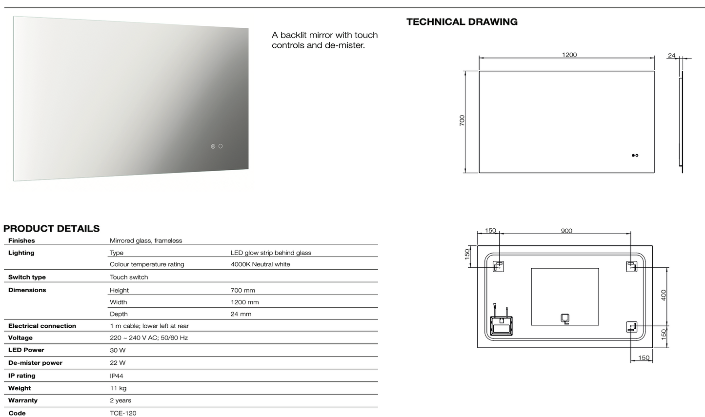 Cedro Backlit Mirror with De-mister Rectangular